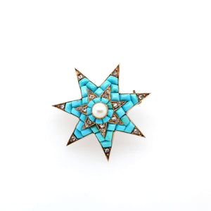 Victorian Turquoise Diamond and Pearl Start Brooch
