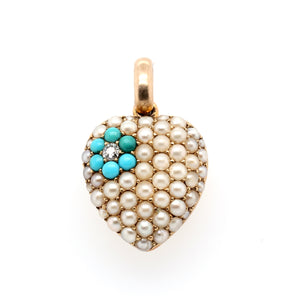 Victorian Pearl, Turquoise and Diamond Heart Locket Pendant