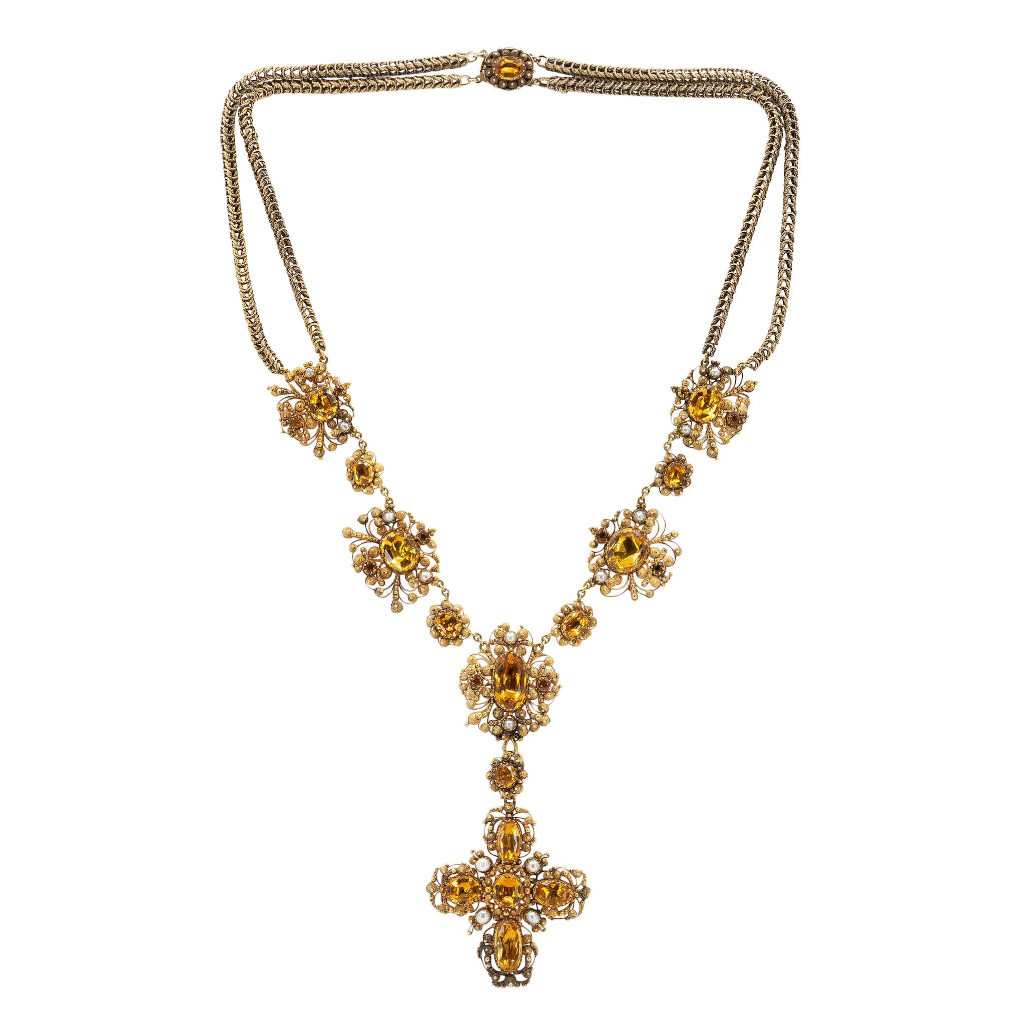 Georgian Citrine Canetille Cross Necklace