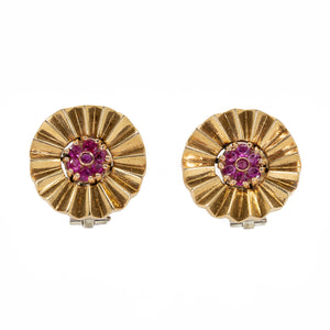 1940's Ruby and Gold Cartwheel Shaped Earrings