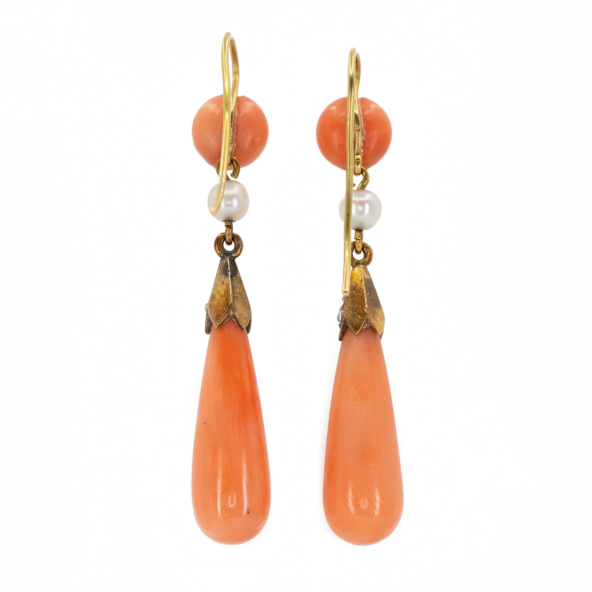 Victorian Coral, Pearl and Diamond Earrings