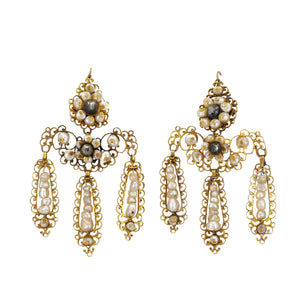 Neopolitan Girandole Diamond and Pearl Drop Earrings
