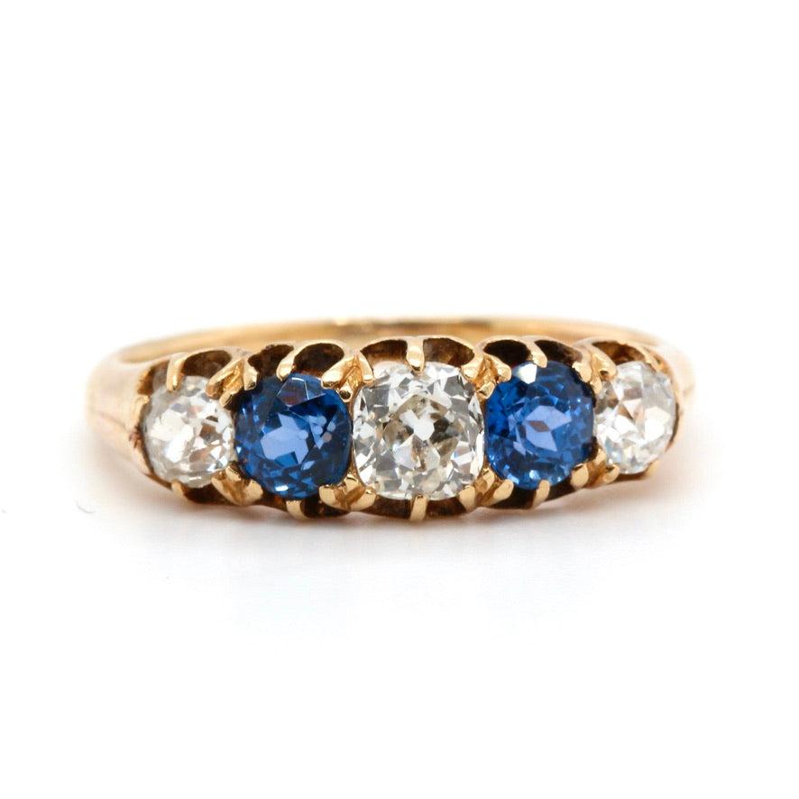 Victorian Ceylon Sapphire and Diamond Five Stone Ring