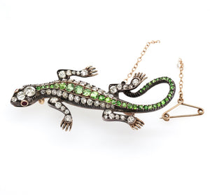 Victorian Demantoid Garnet and Diamond Salamander Brooch