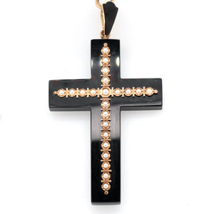 Victorian Onyx and Natural Pearl Cross Necklace
