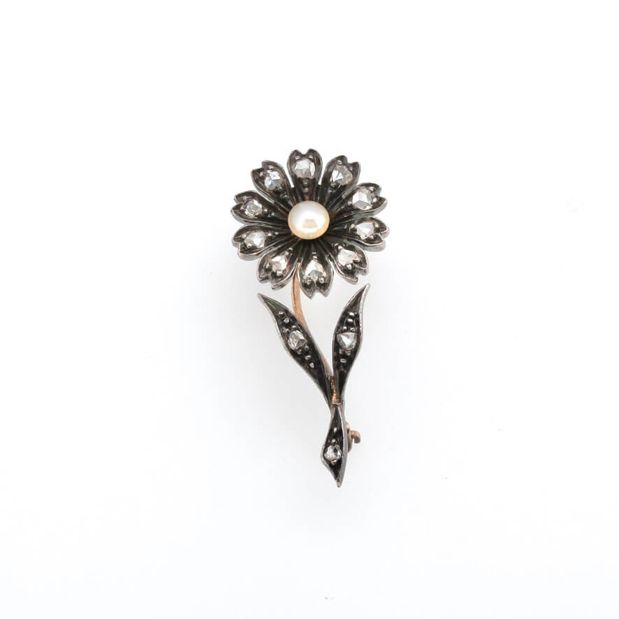 Victorian Diamond and Pearl Flower Brooch