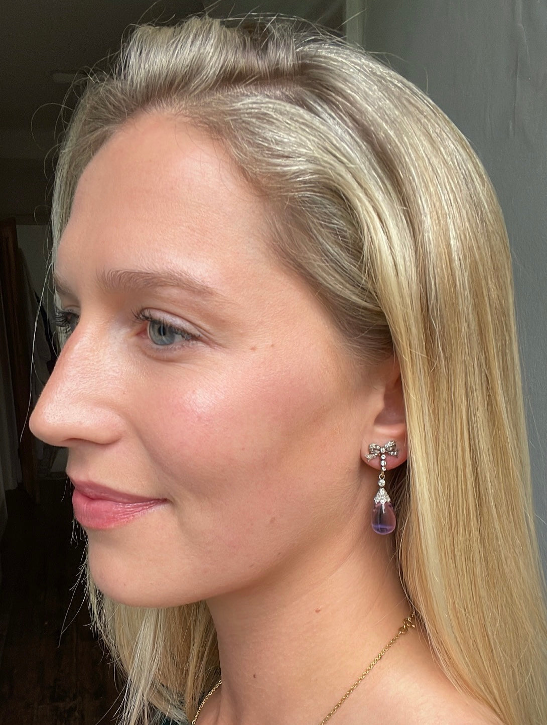 Edwardian Amethyst and Diamond Bow Drop Earrings