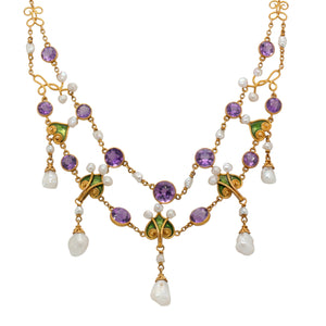 Amethyst Pearl and Green Enamel Necklace